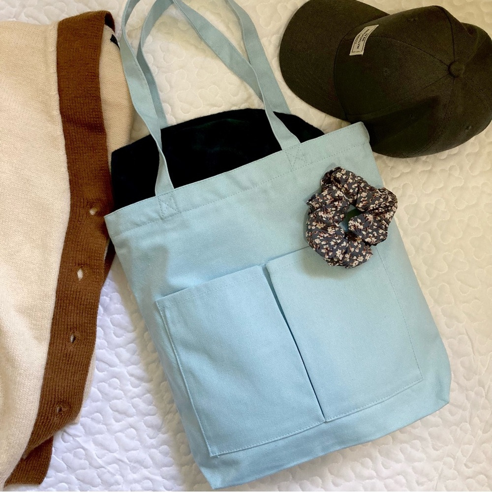 Cotton Canvas Tote Bag with Pockets & Zipper, Shoulder Bag, School Bag, Book Bag
